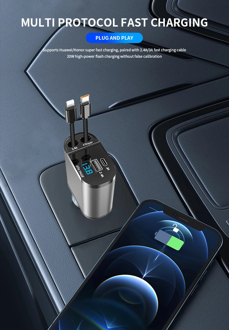 4 in 1 120W Car Charger Retractable Car Cigarette Lighter Adapter USB Type C Fast Charger Cable For IPhone Xiaomi Huawei Samsung