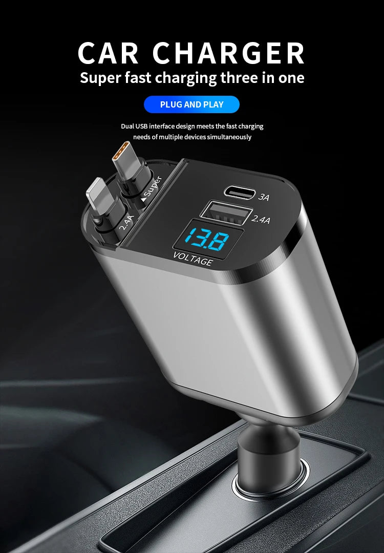 4 in 1 120W Car Charger Retractable Car Cigarette Lighter Adapter USB Type C Fast Charger Cable For IPhone Xiaomi Huawei Samsung