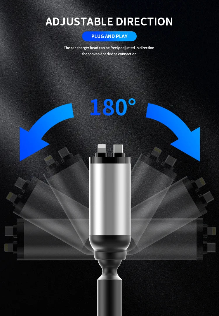 4 in 1 120W Car Charger Retractable Car Cigarette Lighter Adapter USB Type C Fast Charger Cable For IPhone Xiaomi Huawei Samsung