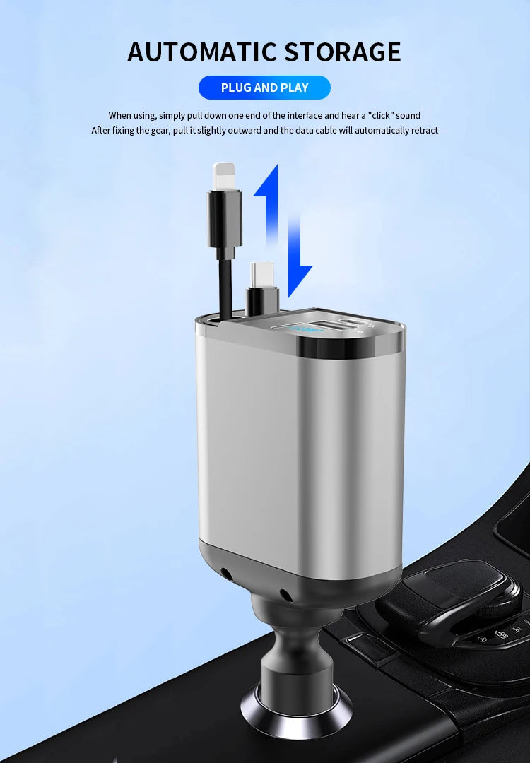 4 in 1 120W Car Charger Retractable Car Cigarette Lighter Adapter USB Type C Fast Charger Cable For IPhone Xiaomi Huawei Samsung