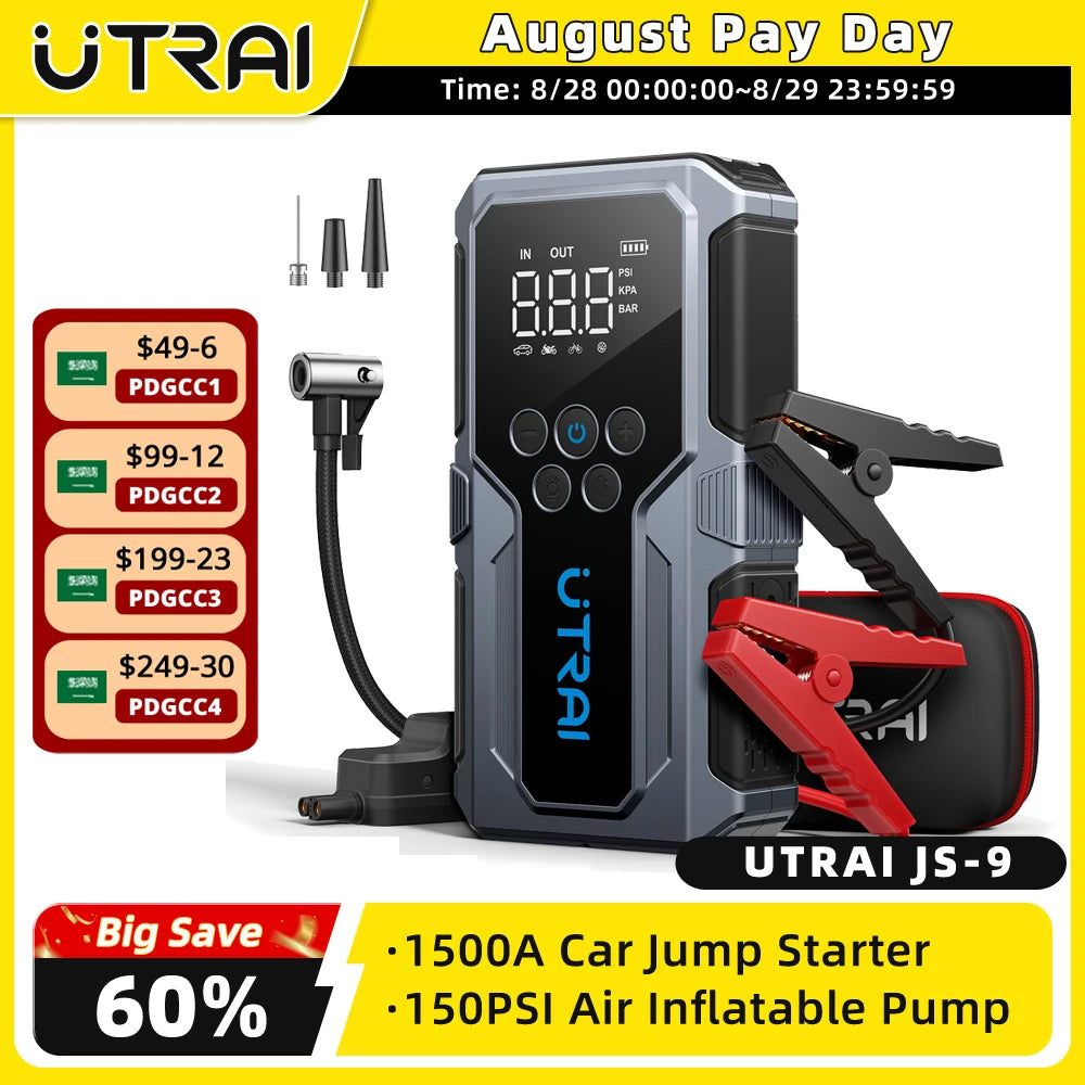 UTRAI 1500A Car Jump Starter Power Bank Portable 150PSI Air Pump Car Battery Emergency Boosters Starting Device Car Starter 2024