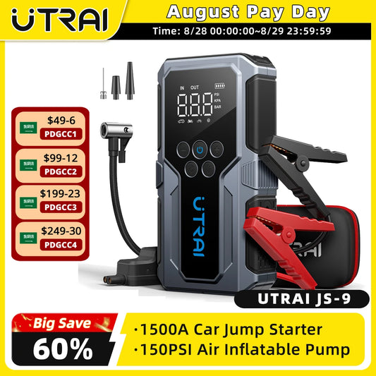 UTRAI 1500A Car Jump Starter Power Bank Portable 150PSI Air Pump Car Battery Emergency Boosters Starting Device Car Starter 2024